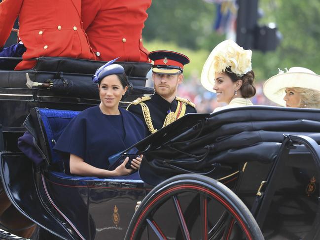 Britain's Prince Harry, Meghan Duchess of Sussex, Kate Duchess of Cambridge and Camilla Duchess of Cornwall attend the annual Trooping the Colour Ceremony in London. Picture: AP