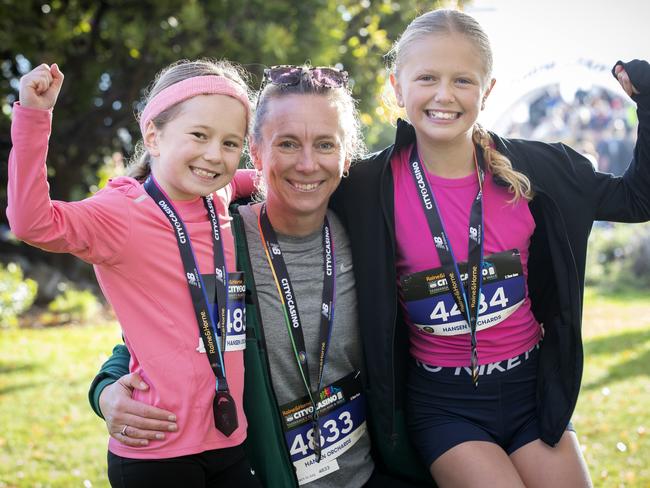 City to Casino Fun Run and Walk, Lauren Gorringe and her daughters Lily 8 and Frankie 11 of Sandy Bay after the event. Picture: Chris Kidd