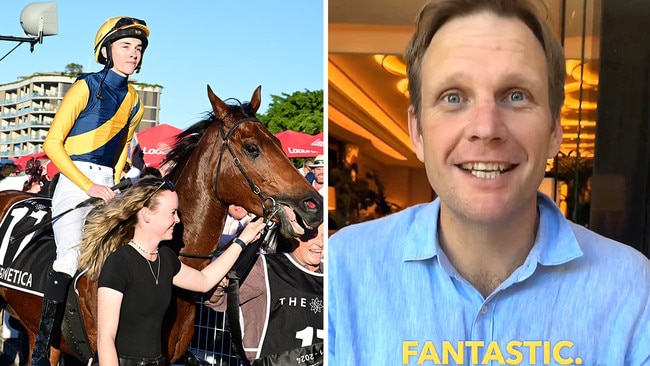 Jockey Zac Lloyd comes back to scale aboard Stradbroke victor Stefi Magnetica (left) as Bjorn Baker (right), who watched the race from London, shares a social media message describing the winning feeling as 