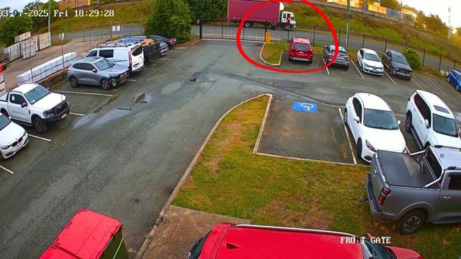 CCTV footage shows the red truck at the Beenleigh address. Picture: Contributed