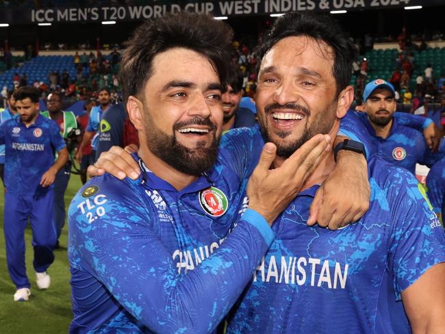 Rashid Khan (L) has spoken on the hurt his team has felt after teams like Australia have boycotted playing them. Picture: Darrian Traynor-ICC/ICC via Getty Images