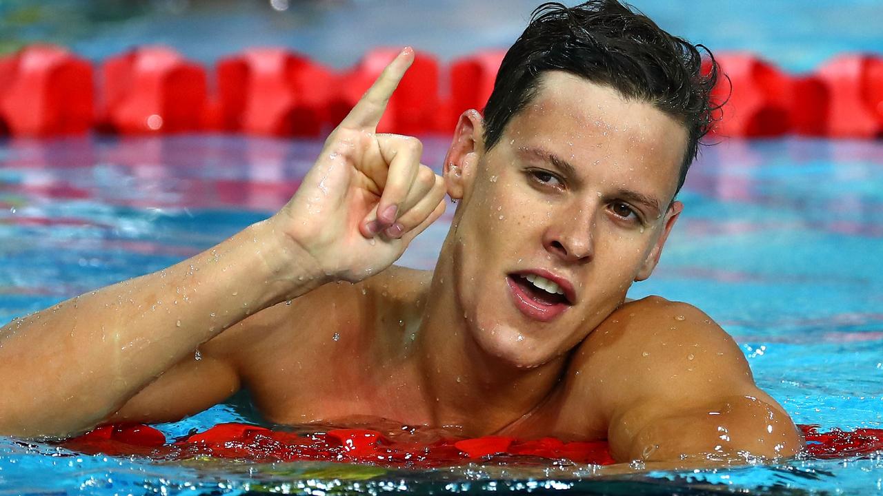 Mitch Larkin  celebrates victory in the Men's 100m Backstroke Final on Friday night.