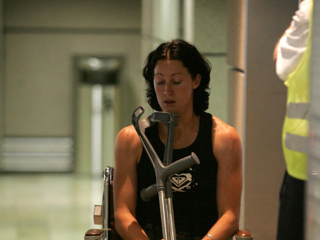 Jana Pittman in a wheelchair at Zurich Airport just two weeks before the 2004 Athens Olympics. Picture: Phil Hillyard.