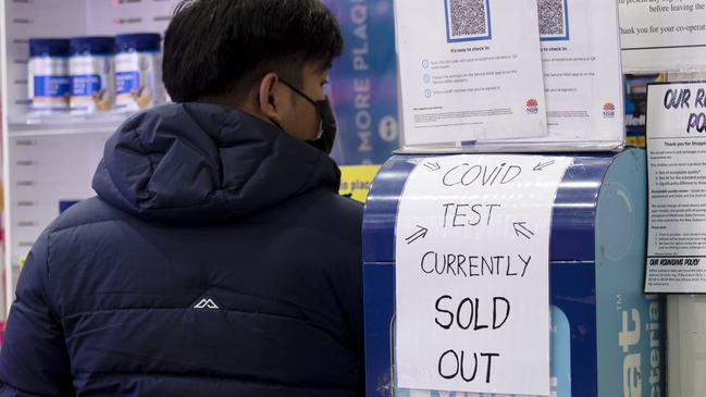 SYDNEY, AUSTRALIA - NewsWire Photos JANUARY 13, 2022: Sold Out signs for RATS - rapid antigen tests, for self-testing for Covid-19.  Australians are dealing with low supplies following the surge in COVID cases across the country. Picture: NCA NewsWire / Nikki Short