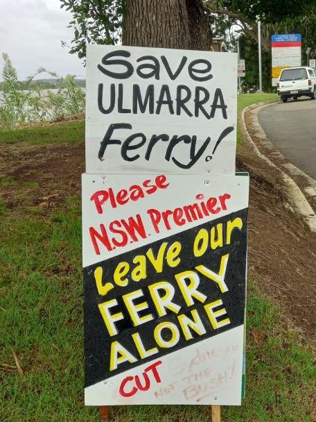 A sign set up to protest to possible closure of the ferry service in March 2024.