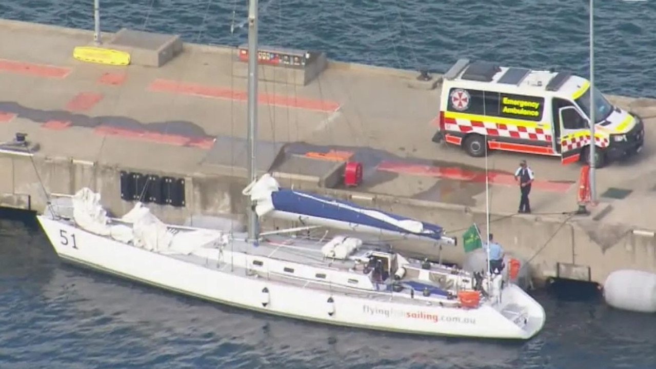 Flying Fish Arctos in dock at Jervis Bay after a crew member died during the Sydney to Hobart yacht race. Credit: Nine News