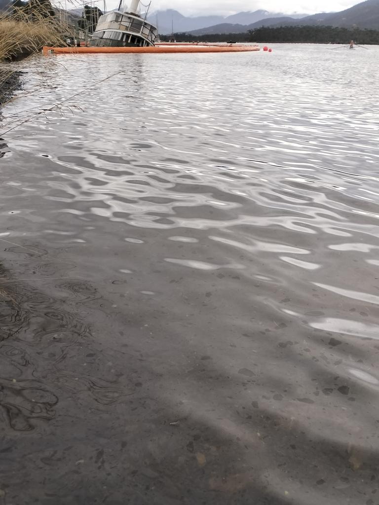 The Cartela has had a boom placed around it but some rowing spectators believe oil on the Huon River at Franklin could be from the ferry. Picture: Supplied.