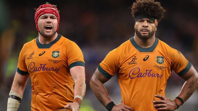 PERTH, AUSTRALIA - AUGUST 17: Harry Wilson and Rob Valetini of the Wallabies look on during The Rugby Championship match between Australia Wallabies and South Africa Springboks at Optus Stadium on August 17, 2024 in Perth, Australia. (Photo by Paul Kane/Getty Images)