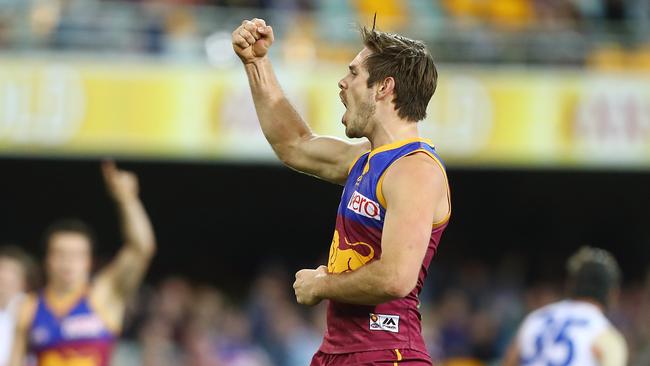 Ryan Bastinac celebrates a goal for the Brisbane Lions. Picture: Chris Hyde/Getty Images