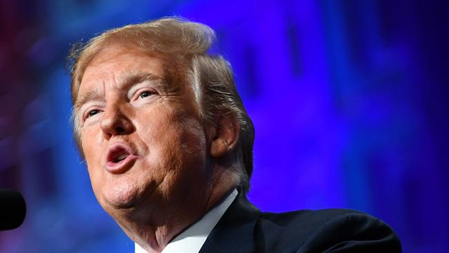 US President Donald Trump addresses the National Electrical Contractors Association Convention in Philadelphia.