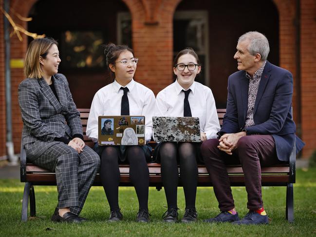 Pymble Ladies College data science teachers Kim Maksimovic (left) and Anthony England (right) with students Caitlin Kim (2nd from left) and Izzy Attard (2nd from right). Picture: Sam Ruttyn