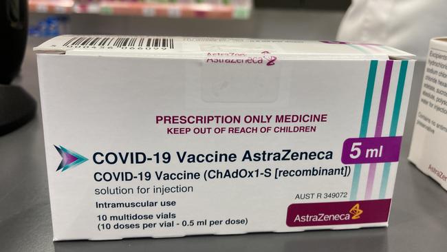 A box containing 100 doses of the AstraZeneca Covid-19 vaccine at Priceline Pharmacy in Dubbo. Picture: Ryan Young