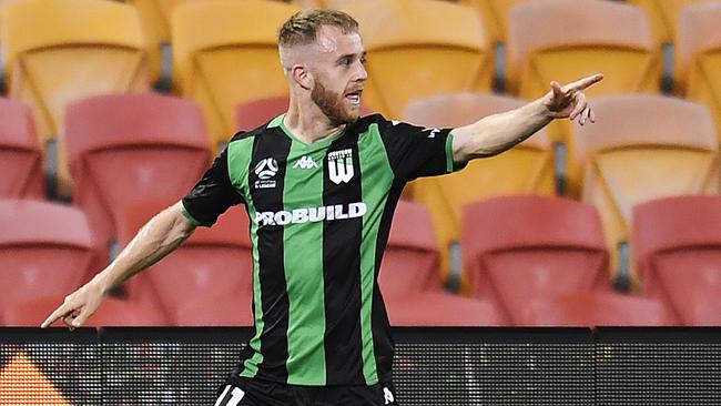 Connor Pain of Western United celebrates scoring a goal. Picture: Albert Perez/Getty Images