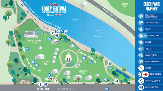 A detailed map of the AFL’s Footy Festival entertainment precinct at Elder Park in Adelaide for Gather Round.