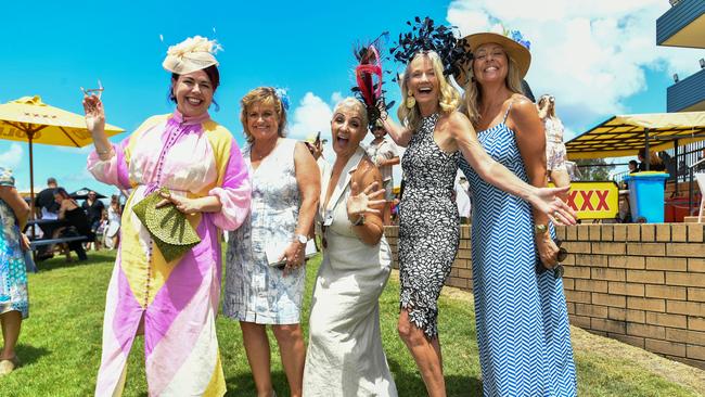 Ballina ladies Patty Gates, Deb Stewart, Trish Hammond and Sally Clarke at the 2023 Ballina Cup races. Picture: Cath Piltz