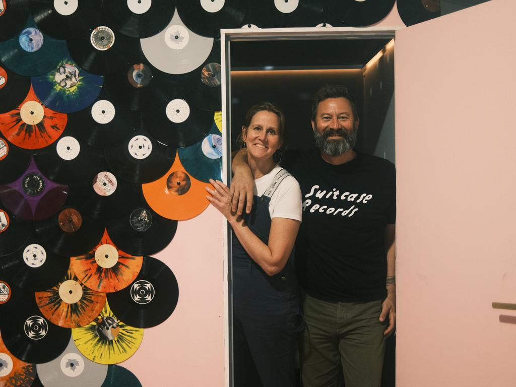 Kathy and Neil Wilson from Brisbane's Suitcase Records will be pressing biovinyl, which slashes the carbon emissions of traditional LPs. Picture: Finlay Wilson