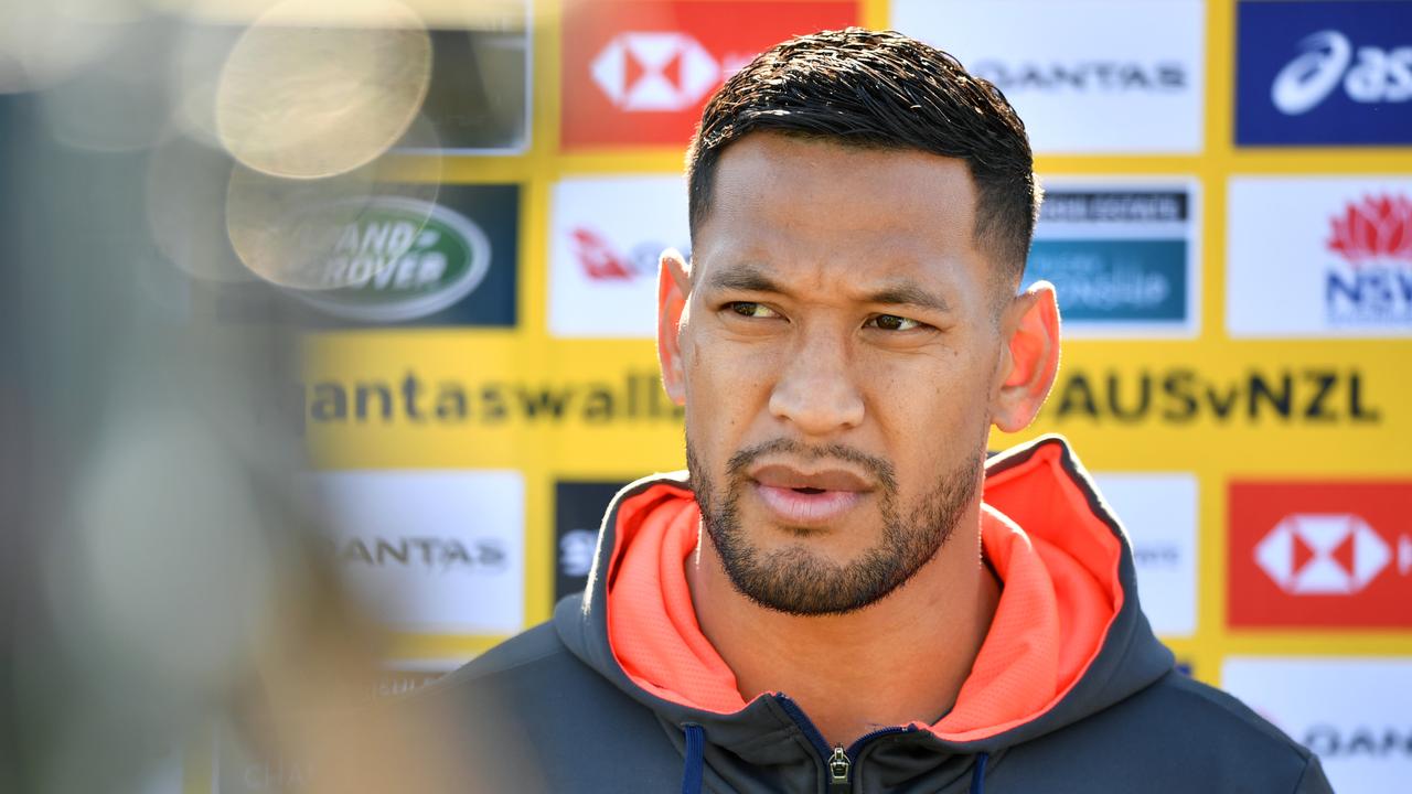 Israel Folau of the Wallabies speaks to the media during a training session.
