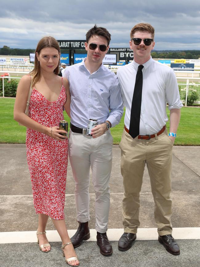 Sophie Costigan, James Crebbin, Darcy Cosgriff attend the Ballarat Cup. Picture: Brendan Beckett