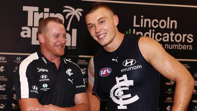 Michael Voss and Patrick Cripps after the match. Picture: Michael Klein