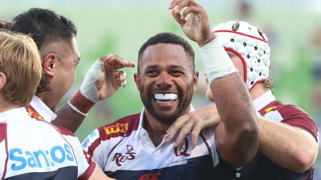 Filipo Daugunu celebrates a try. Photo by Janelle St Pierre/Getty Images