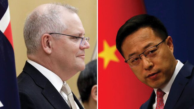 PM Scott Morrison, left, and Chinese Foreigh Mnisttry spokesman Zhao Lijian. Pictures: Supplied