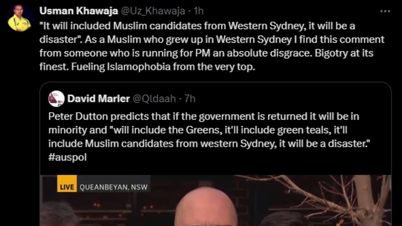 Australian Cricketer Usman Khawaja responds on social media to comments made made Opposition Leader Peter Dutton about Muslim candidates in Western Sydney. Picture: X / @Uz_Khawaja