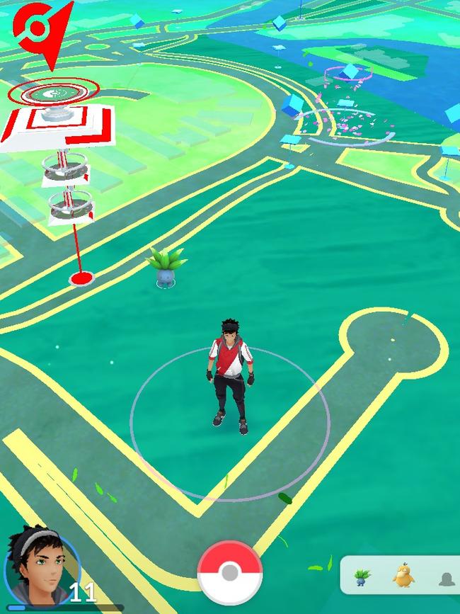 Pokemon Go screenshot, demonstrating the holy trinity of Pokestops, top right, at Peter Scullin Reserve, Mordialloc.