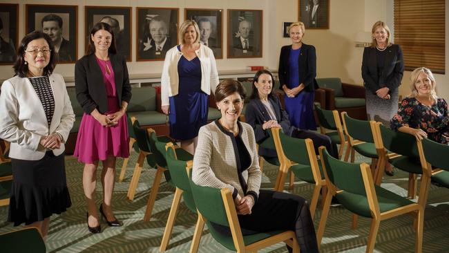 Gladys Liu, left, Fiona Martin, Bridget Archer, Celia Hammond, Katie Allen, Angie Bell and Melissa McIntosh represented 50 per cent of newly elected lower house Liberal MPs at the 2019 election. They are pictured with Nicolle Flint, co-author of the new report. Picture: Sean Davey