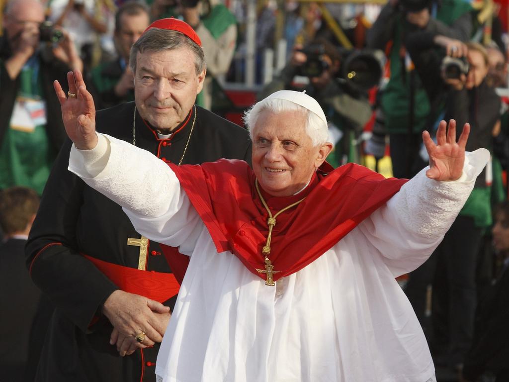 Pope Benedict XVI greets World Youth Day pilgrims in Sydney in 2008, when George Pell, was the archbishop of Sydney. Picture: CNS Photo/Paul Haring