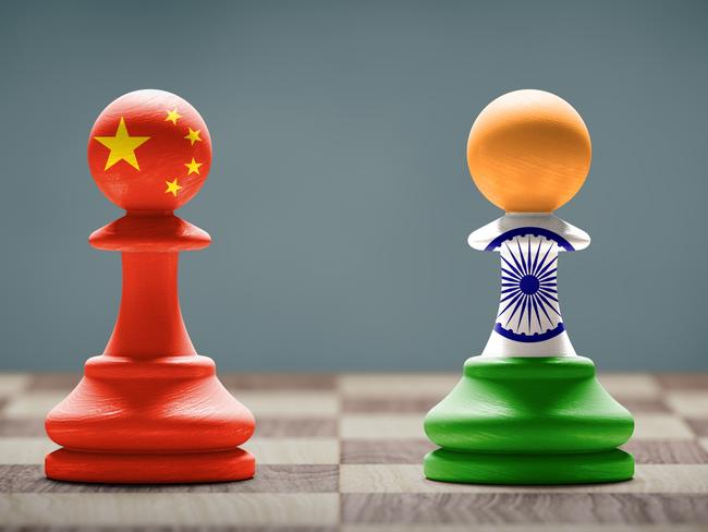 China and India conflict. Country flags on chess pawns on a chess board. 3D illustration. Investment generic