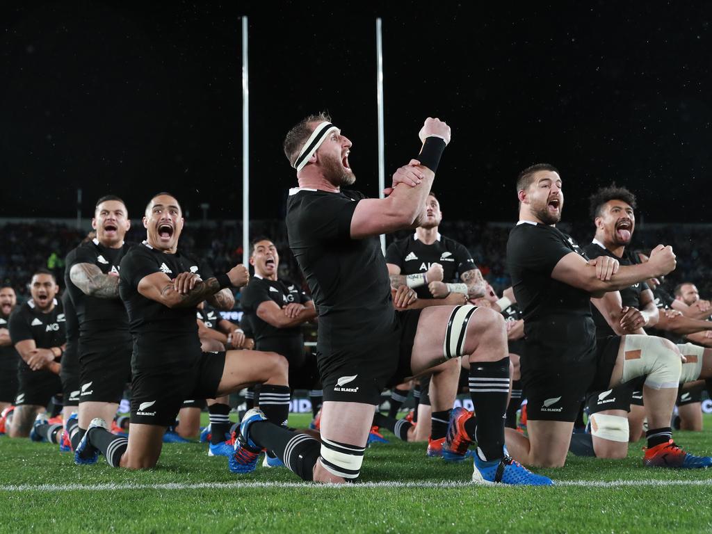 The All Blacks perform the Haka in Auckland.