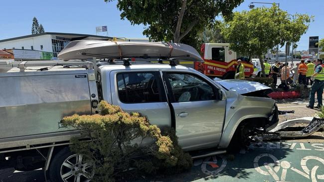 A ute towing a caravan was travelling north on Brisbane Road at Mooloolaba when it veered into oncoming traffic and struck five vehicles, including a parked car, which was pushed into a gardener who died.