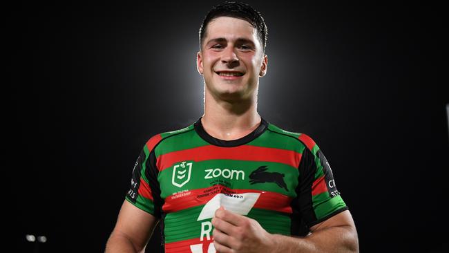 New Rabbitohs starting halfback Lachlan Ilias at his debut match. Picture: NRL Imagery