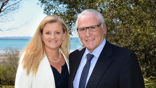 Walker Corporation chairman Lang Walker, pictured with Redland mayor Karen Williams in 2014 after signing a memorandum of understanding with the State Government and Redland City Council as the exclusive development partner for the Toondah Harbour and Weinam Creek Priority Development Areas. Picture: Matt Murray, Redland City Council.