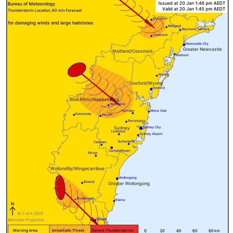 Parts of Sydney are forecast to be hit by 2.45pm on Monday. Picture: BOM