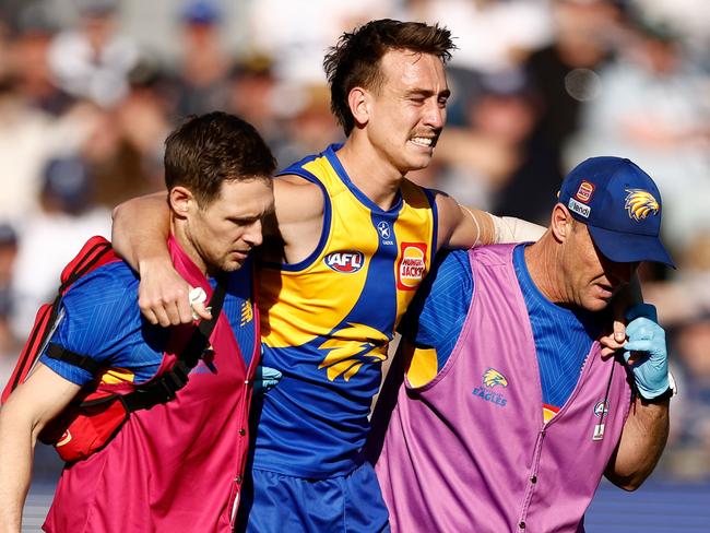 Brady Hough’s knee injury compounded West Coast’s woes. Picture: Michael Willson/AFL Photos via Getty Images