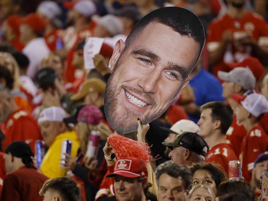 A fan with a picture of Travis Kelce of the Kansas City Chiefs during the game against the Denver Broncos. Picture: David Eulitt/Getty Images