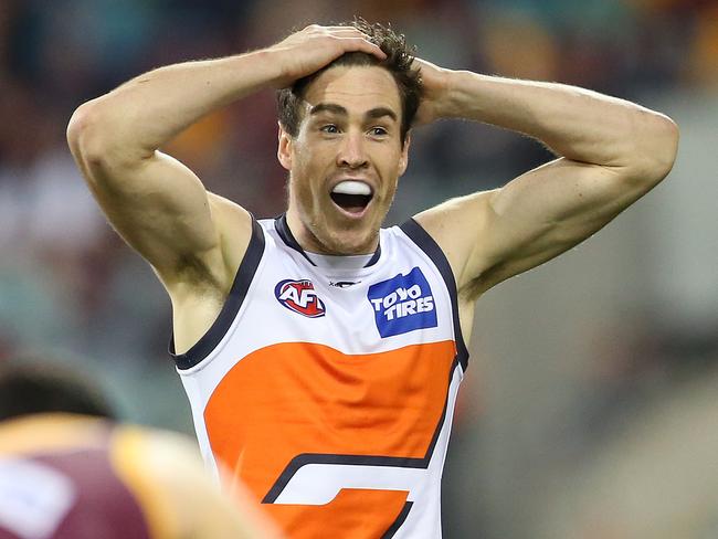 BRISBANE, AUSTRALIA - JUNE 23: Jeremy Cameron of the Giants reacts during the round 14 AFL match between the Brisbane Lions and the Greater Western Sydney Giants at The Gabba on June 23, 2018 in Brisbane, Australia. (Photo by Jono Searle/Getty Images)