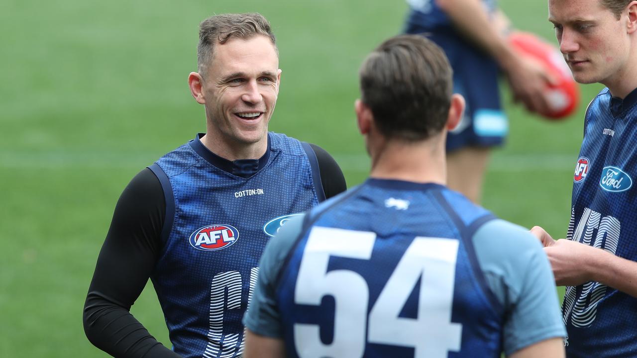 Selwood with Tom Hawkins and Toby Conway at Geelong training this week. Picture: Alan Barber