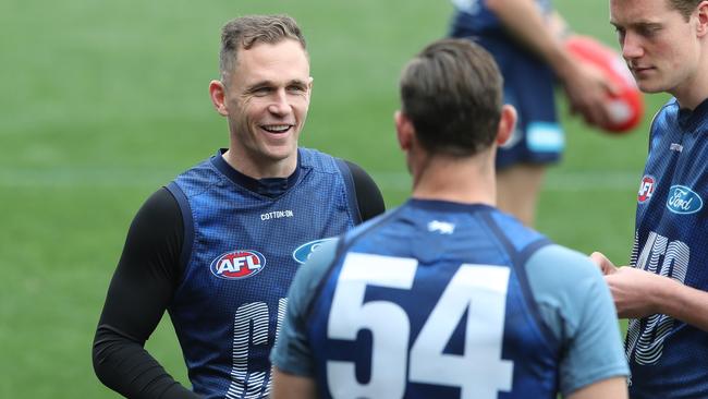 Selwood with Tom Hawkins and Toby Conway at Geelong training this week. Picture: Alan Barber