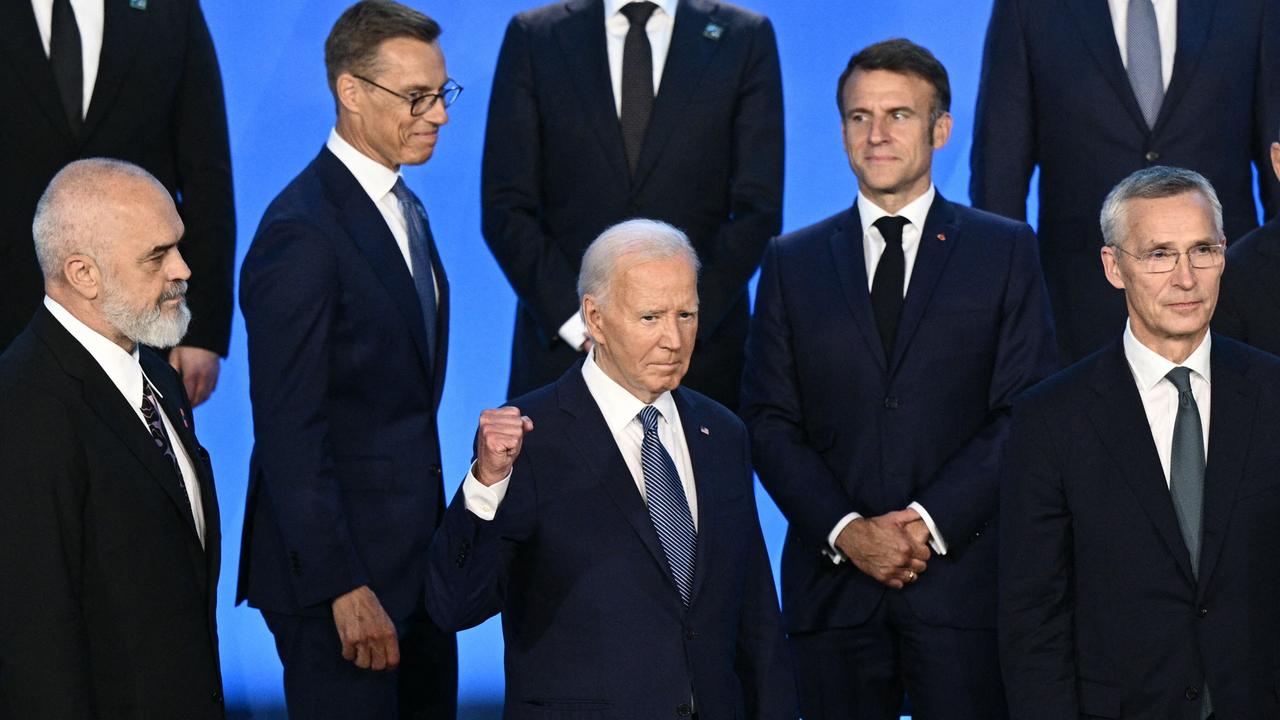 US President Joe Biden gestures as the NATO heads of state pose for a family photo during the NATO 75th anniversary summit in Washington, DC. Picture: AFP