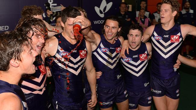 Fremantle celebrates its first win of 2016 after 10 straight losses. Photo by Daniel Wilkins.