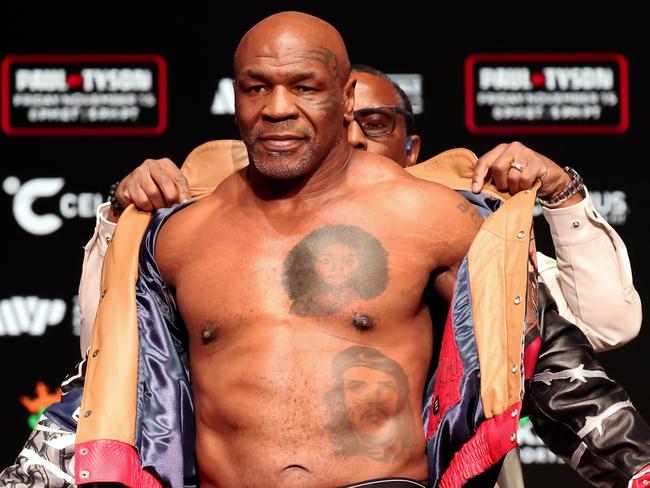 DALLAS, TEXAS - NOVEMBER 14: Mike Tyson attends the weigh-in for LIVE on Netflix: Jake Paul vs. Mike Tyson at the Toyota Music Factory on November 14, 2024 in Dallas, Texas. (Photo by Brett Carlsen/Getty Images for Netflix ÃÂ© 2024)