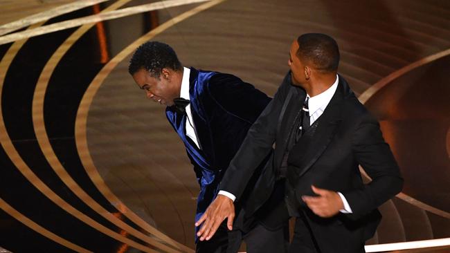 Will Smith slaps Chris Rock onstage during the 2022 Oscars. Picture: Robyn Beck, AFP