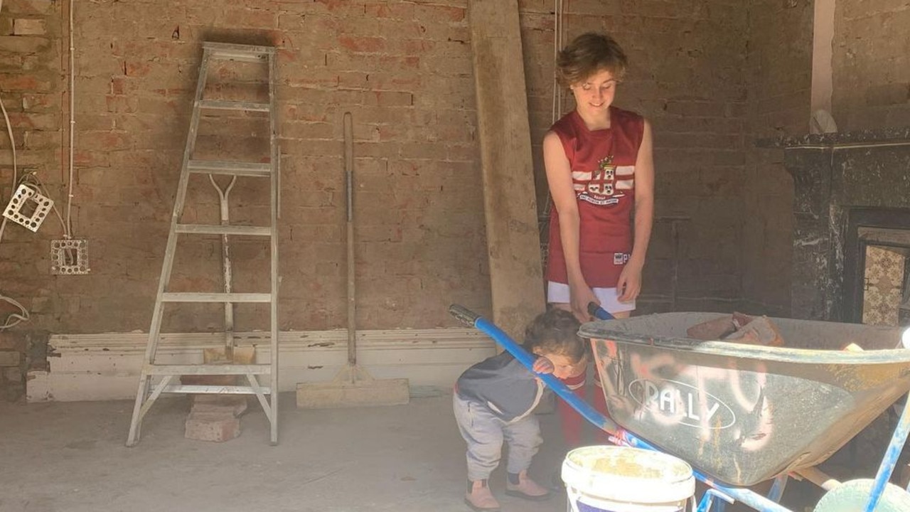 The kids in their building site home. Picture: Supplied