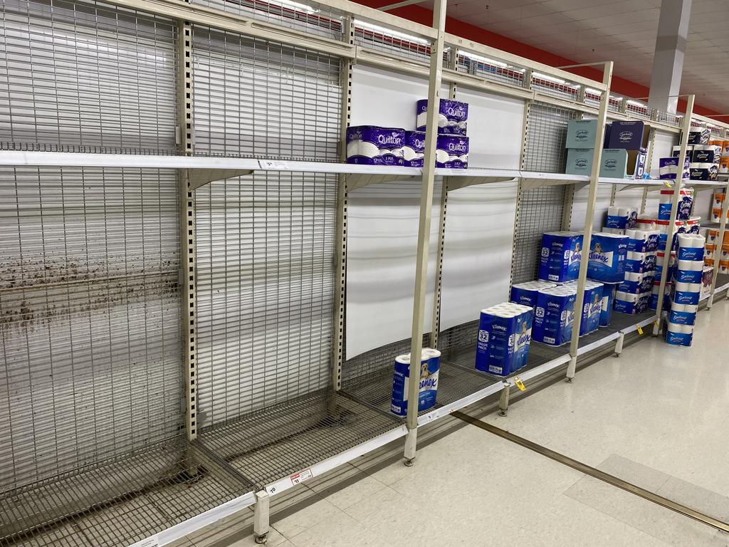 Empty shelves in Coles Supermarket in Newmarket were people have been panic buying ahead of Tropical Cyclone Alfred. Picture: John Gass