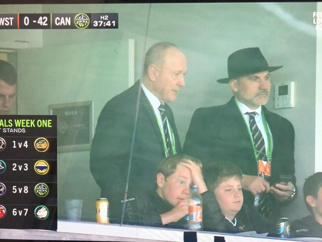 The Tigers' brains trust of Tim Sheens and Lee Hagipantelis look on Leichhardt Oval. Picture: Fox League