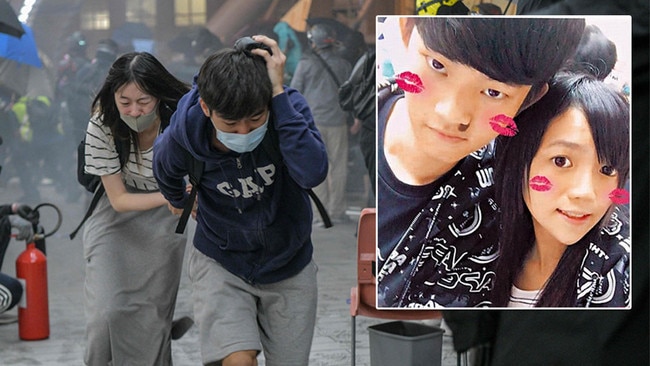 Chan Tong-kai and his girlfriend, Poon Hiu-Wing, whom he murdered (inset); Hong Kong protesters run after police fired tear gas. Picture: AFP