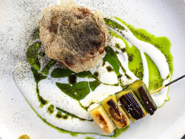 Jerusalem artichoke and goat's yoghurt with sage, black lime and baby leeks.