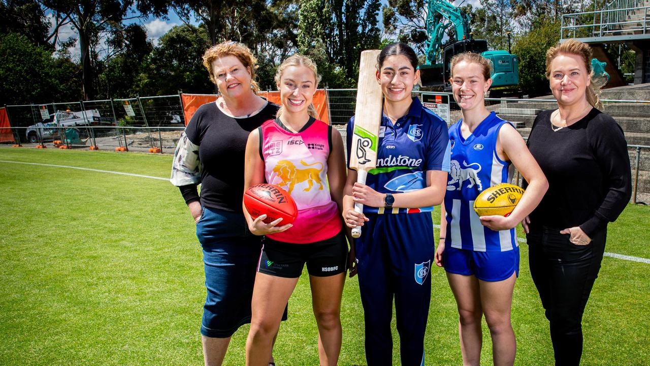 Lord Mayor of Hobart Anna Reynolds, Brooke Saward from Hutchins old boys football club, Sascha Mahraj-Bopf from South Hobart Sandy Bay cricket club, and Chloe Groom of Sandy Bay football club, and Minister Madeleine Ogilvie. Picture: Linda Higginson